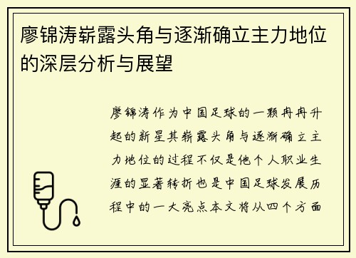 廖锦涛崭露头角与逐渐确立主力地位的深层分析与展望